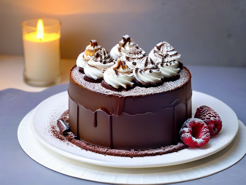  A closeup, ultradetailed image capturing the rich, velvety texture of a decadent slice of triplelayered chocolate cake. The cake is elegantly presented on a sleek, white ceramic plate, garnished with a dusting of cocoa powder and a single vibrant raspberry perched delicately on top. The play of light and shadows highlights the glossy finish of the ganache frosting, inviting the viewer to indulge in a sensory feast of chocolatey goodness. hyperrealistic, full body, detailed clothing, highly detailed, cinematic lighting, stunningly beautiful, intricate, sharp focus, f/1. 8, 85mm, (centered image composition), (professionally color graded), ((bright soft diffused light)), volumetric fog, trending on instagram, trending on tumblr, HDR 4K, 8K