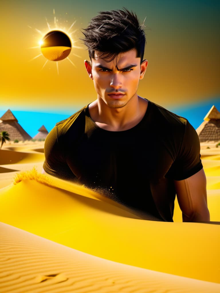  cinematic film still face in focus, young handsome strong guy, with short-cropped black hair,golden shirt,splashes,detailed skin, clear focus, desert.yellow sand,pyramids, palm trees and a black hole in the dark sky,high contrast,high color saturation,4k, . shallow depth of field, vignette, highly detailed, high budget, bokeh, cinemascope, moody, epic, gorgeous, film grain, grainy