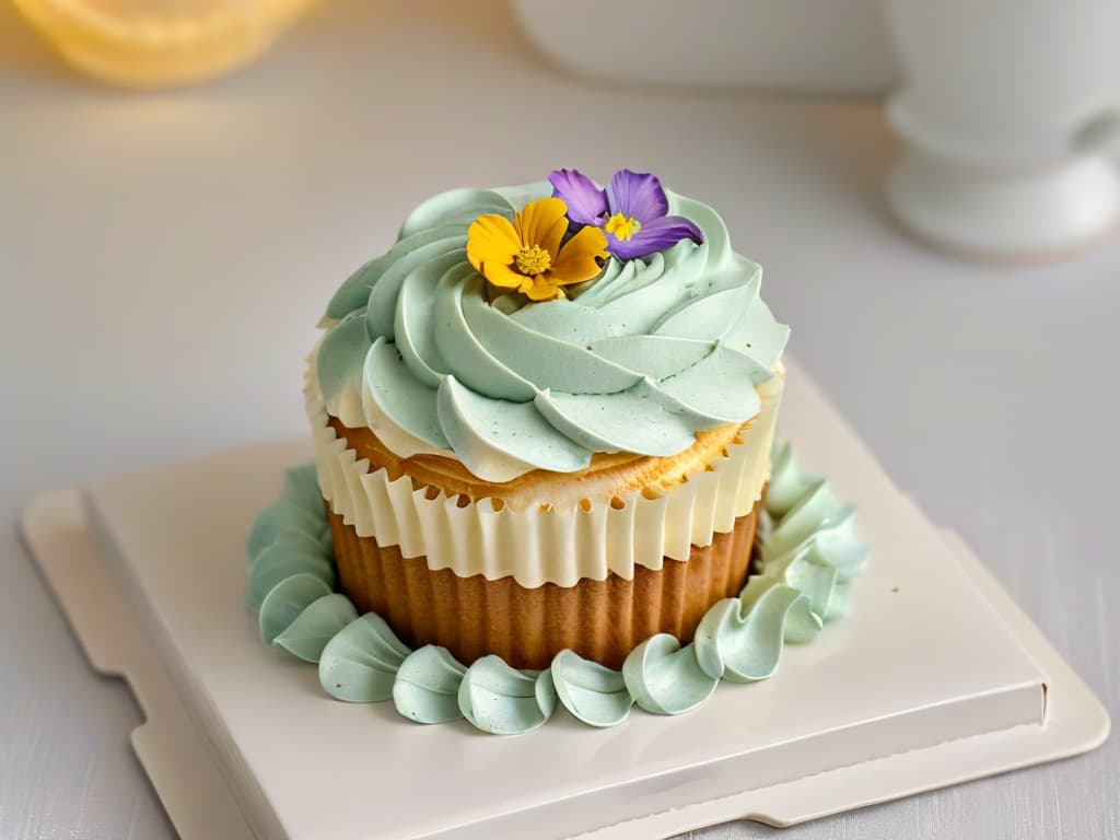  A closeup, ultradetailed image of a beautifully decorated cupcake with intricate frosting swirls in pastel colors, topped with delicate edible flowers and shimmering gold leaf accents. The cupcake is set on a sleek, white ceramic plate against a soft, blurred background, emphasizing the precision and artistry of modern cupcake decoration trends. hyperrealistic, full body, detailed clothing, highly detailed, cinematic lighting, stunningly beautiful, intricate, sharp focus, f/1. 8, 85mm, (centered image composition), (professionally color graded), ((bright soft diffused light)), volumetric fog, trending on instagram, trending on tumblr, HDR 4K, 8K