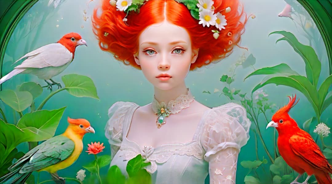  Woman red hair, Close up good friends are like stars - you don't always see them, but you know they are there, ray caesar inspired image, in the office working girls, exotic birds, house-plants, underwater, lace. Terrariums, flowers, , Highly defined, highly detailed, sharp focus, (centered image composition), 4K, 8K