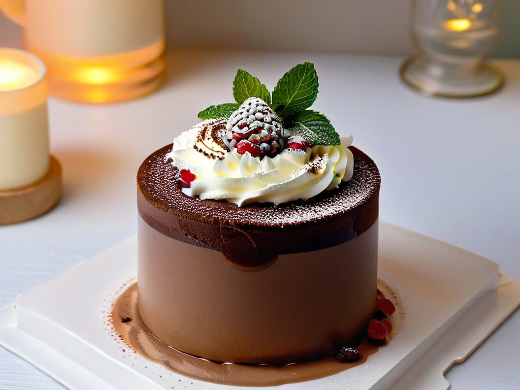  A closeup, photorealistic image of a decadent chocolate mousse dessert elegantly presented in a glass dessert cup. The velvety smooth mousse is topped with a dollop of whipped cream, a sprinkle of cocoa powder, and garnished with a fresh raspberry and mint leaf. The rich, glossy texture of the chocolate dessert is accentuated by the soft lighting, highlighting every intricate detail and inviting the viewer to indulge in its deliciousness. hyperrealistic, full body, detailed clothing, highly detailed, cinematic lighting, stunningly beautiful, intricate, sharp focus, f/1. 8, 85mm, (centered image composition), (professionally color graded), ((bright soft diffused light)), volumetric fog, trending on instagram, trending on tumblr, HDR 4K, 8K