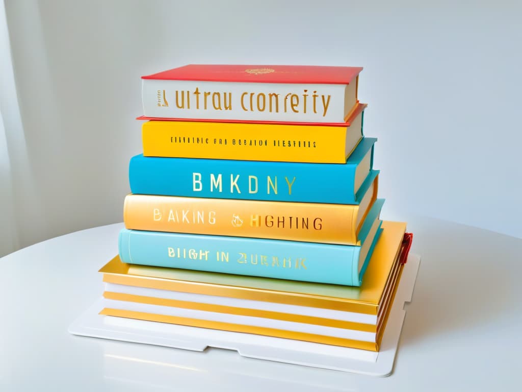  An ultradetailed, minimalist image of a stack of colorful, intricately designed baking books with gold foil accents, set against a clean white background. Each book features elegant typography and vibrant images of decadent desserts, enticing the viewer to dive into the world of pastry arts. hyperrealistic, full body, detailed clothing, highly detailed, cinematic lighting, stunningly beautiful, intricate, sharp focus, f/1. 8, 85mm, (centered image composition), (professionally color graded), ((bright soft diffused light)), volumetric fog, trending on instagram, trending on tumblr, HDR 4K, 8K