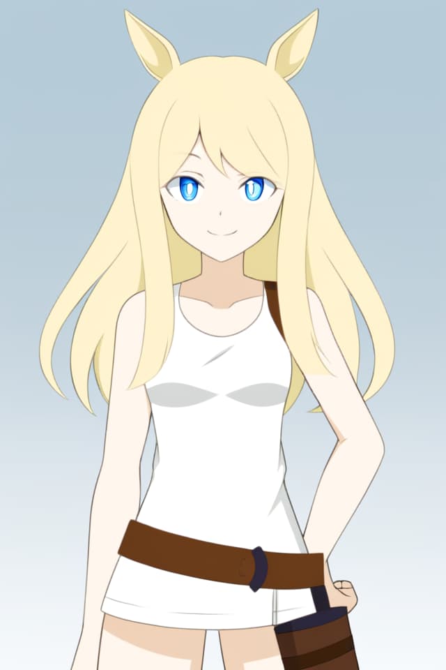  horse ears,blonde hair,long hair,blue eye,Medium chest,white tank top,white jacket,brown belt,holster,glove,from front,looking at viewer,stand,happy,anime style,anime eyes,Alone,anime face,anime body,soft style,one hand on hip