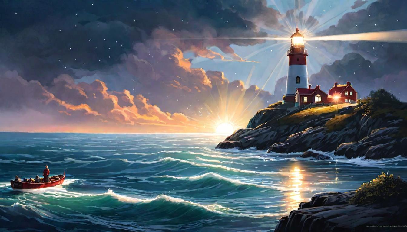  digital illustration, A lighthouse on a cliff, light beaming across dark waters, small boats moving towards the light, beacon, guidance, inspiration, looking at viewer, dynamic pose, (intricate details, masterpiece, best quality)