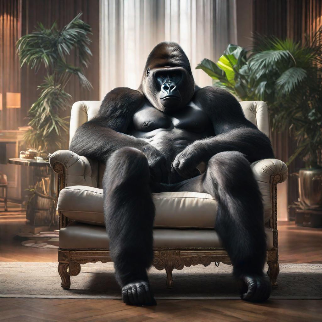  Gorilla sofa hyperrealistic, full body, detailed clothing, highly detailed, cinematic lighting, stunningly beautiful, intricate, sharp focus, f/1. 8, 85mm, (centered image composition), (professionally color graded), ((bright soft diffused light)), volumetric fog, trending on instagram, trending on tumblr, HDR 4K, 8K