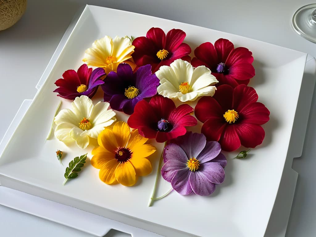  A closeup, ultradetailed image of a perfectly arranged color gradient of vibrant edible flowers on a sleek, modern white plate. Each delicate petal and stamen is fully in focus, showcasing a harmonious blend of hues from deep crimson to soft lavender, creating a visually striking and artistically appealing composition. hyperrealistic, full body, detailed clothing, highly detailed, cinematic lighting, stunningly beautiful, intricate, sharp focus, f/1. 8, 85mm, (centered image composition), (professionally color graded), ((bright soft diffused light)), volumetric fog, trending on instagram, trending on tumblr, HDR 4K, 8K