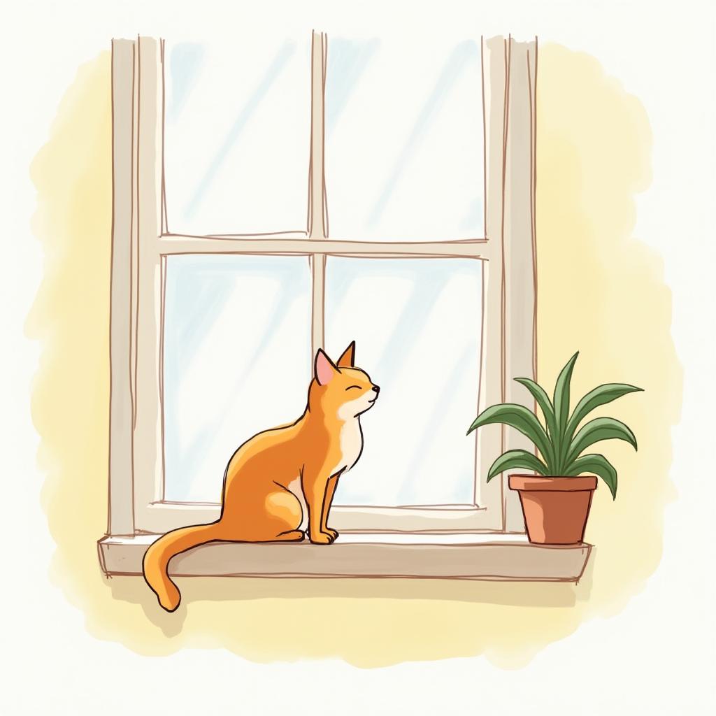  draw a cute cat sitting on a windowsill with a potted plant next to it