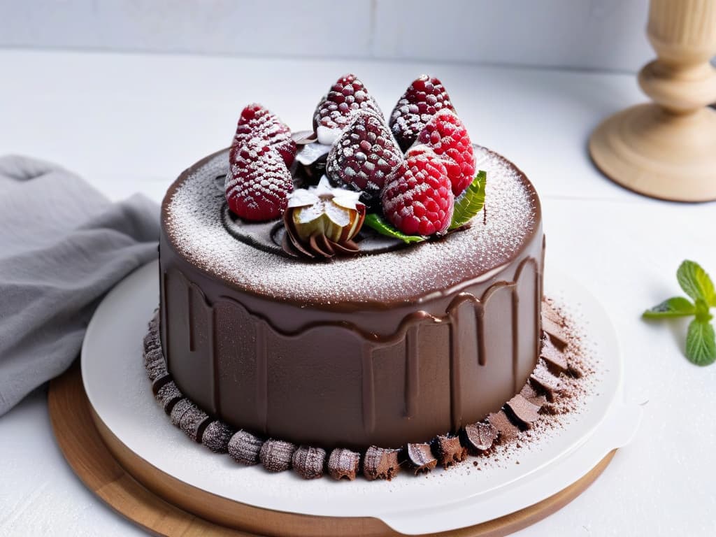  A closeup, ultradetailed image of a decadent glutenfree chocolate cake topped with a delicate dusting of powdered sugar, surrounded by fresh raspberries and mint leaves on a sleek, modern white plate. The glossy ganache drips artfully down the sides, showcasing intricate layers of moist cake, creating a visually stunning and appetizing centerpiece for the article on glutenfree baking techniques. hyperrealistic, full body, detailed clothing, highly detailed, cinematic lighting, stunningly beautiful, intricate, sharp focus, f/1. 8, 85mm, (centered image composition), (professionally color graded), ((bright soft diffused light)), volumetric fog, trending on instagram, trending on tumblr, HDR 4K, 8K