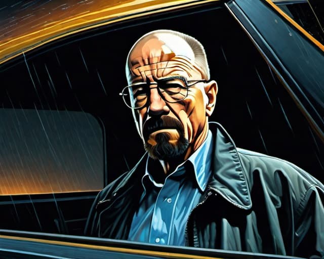  portrait of walter white as heisenberg, with mean look, rain, mystical, dark, dramatic, epic composition, 12K, hyperrealism, unforgettable, in the style of mike deodato, realistic detail, realistic hyper detailed rendering, realistic painted still lifes, insanely intricate,