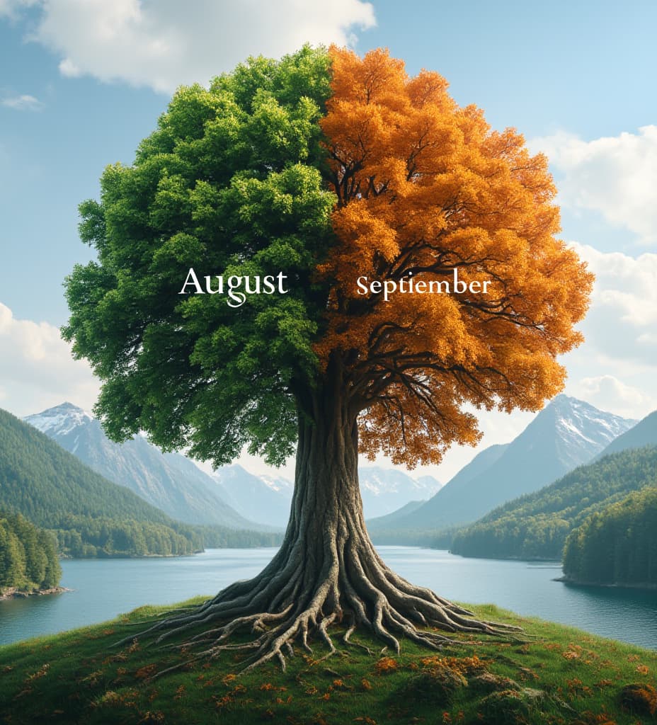  good quality, high quality, a cinematic photo of a massive tree with a duality of summer and autumn seasons. the tree has large, green leaves and text "august" on one side and small, orange leaves and text "september " on the other. the background reveals a serene landscape with mountains, forests, and a body of water. the lighting is natural. the photo has a high resolution of 8k and is highly detailed, typography