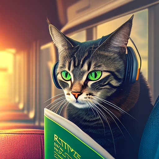 nvinkpunk Realistic image of a cat wearing headphones and reading glasses while riding a bus. hyperrealistic, full body, detailed clothing, highly detailed, cinematic lighting, stunningly beautiful, intricate, sharp focus, f/1. 8, 85mm, (centered image composition), (professionally color graded), ((bright soft diffused light)), volumetric fog, trending on instagram, trending on tumblr, HDR 4K, 8K