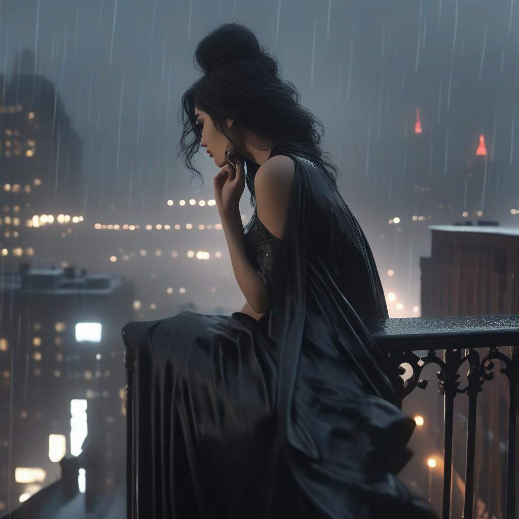  Hello, please create an image based on the following excerpt. A smoking a cigarette on a balcony with a view of a rainy night New York. In darker, gloomier shades. The is standing facing away from us, looking at the city. Add more skyscrs and a larger scale, while making the more somber and thoughtful, staring at the smoke in a black dress. The city is even larger, darker, and gloomier with rain. The is wearing slightly clothing and loose, dark, long hair, huddled on the railing. The image is more dramatic. There are only black straight hair that cling to her body. Her elbows are on the railing as she looks afar, and smoke is streaming upwards. hyperrealistic, full body, detailed clothing, highly detailed, cinematic lighting, stunningly beautiful, intricate, sharp focus, f/1. 8, 85mm, (centered image composition), (professionally color graded), ((bright soft diffused light)), volumetric fog, trending on instagram, trending on tumblr, HDR 4K, 8K