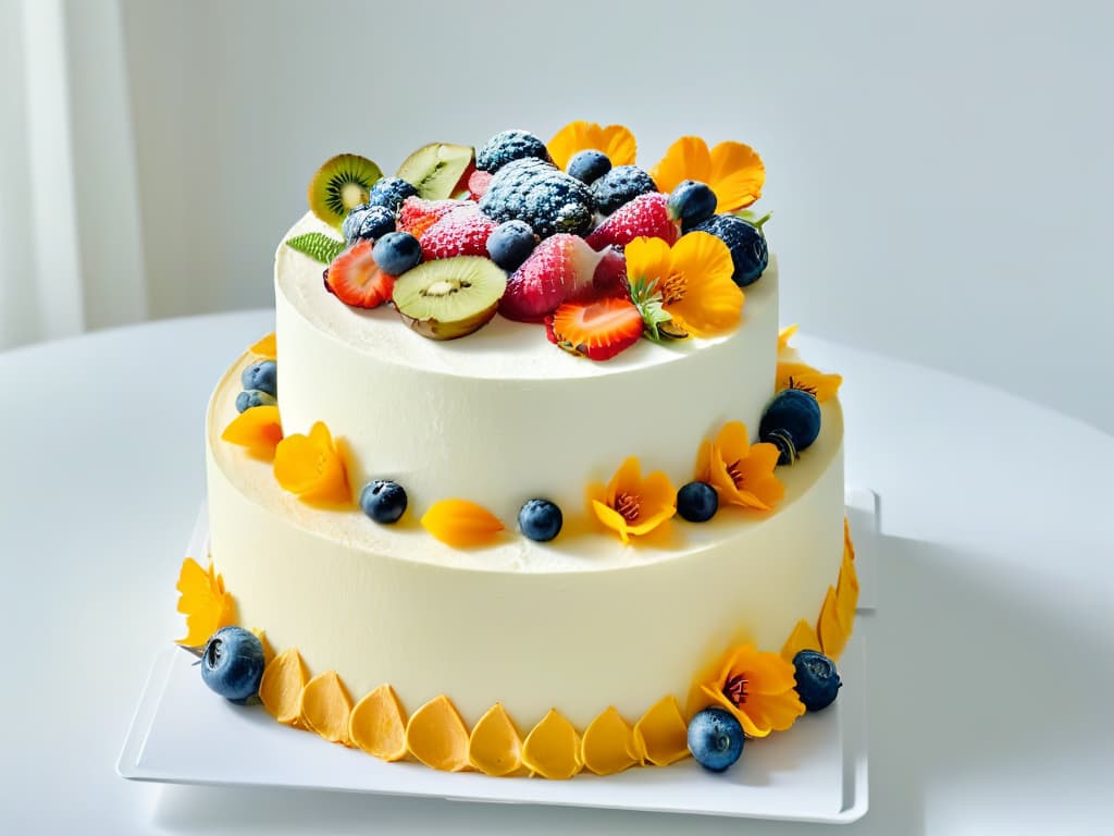  An elegantly simple, minimalistic image of a beautifully decorated vegan cake, showcasing intricate details such as delicate floral decorations made from fresh fruits and edible flowers. The cake sits on a pristine white cake stand, with soft natural light highlighting its textures and colors, creating a visually stunning and appetizing centerpiece. hyperrealistic, full body, detailed clothing, highly detailed, cinematic lighting, stunningly beautiful, intricate, sharp focus, f/1. 8, 85mm, (centered image composition), (professionally color graded), ((bright soft diffused light)), volumetric fog, trending on instagram, trending on tumblr, HDR 4K, 8K