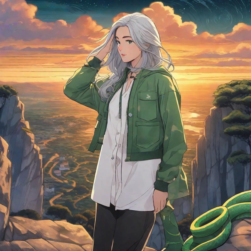  Masterpiece, best quality, a charming female character with medium gray hair, standing on the edge of a cliff, her expressionless face exuding a mysterious air. Her eyes are constricted, with striking green snake pupils, giving a strong and charming look. Her eyebrows are slightly raised, full of a mysterious feeling. She was wearing a white shirt and a black windbreaker with metal buttons on it, black trousers stuffed in black leather boots, stars dotted in the night sky, dreamlike, in the distance, the Temple of Athena looming, but also added a trace of mystery and grandeur, a hand casually inserted into the pocket, looking at the direction of the temple Style: Japanese manga work realization: a digital painting, showing bright colors and