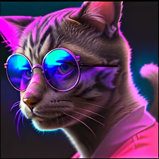  portrait of a real life (((cat))) with (round sunglasses) ((purple lenses)) (((neon))) style ((colorful)) varied color plain realism sci fi glow neon 80s art style cool pose ((portrait)) profile picture base color purple (red) (blue) white close up