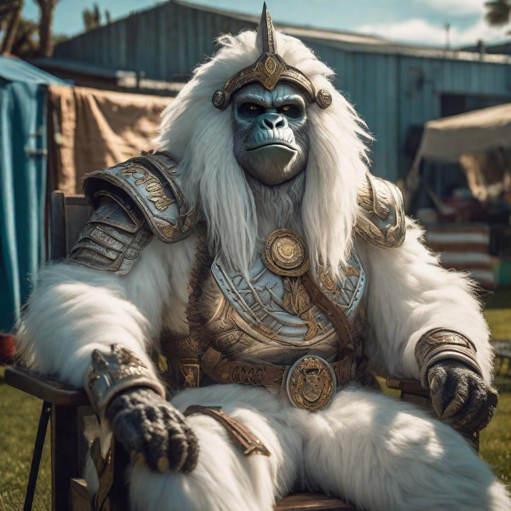  Yeti wearing knight armor sitting in lawn chair in trailer park, smoking a ciggarette hyperrealistic, full body, detailed clothing, highly detailed, cinematic lighting, stunningly beautiful, intricate, sharp focus, f/1. 8, 85mm, (centered image composition), (professionally color graded), ((bright soft diffused light)), volumetric fog, trending on instagram, trending on tumblr, HDR 4K, 8K