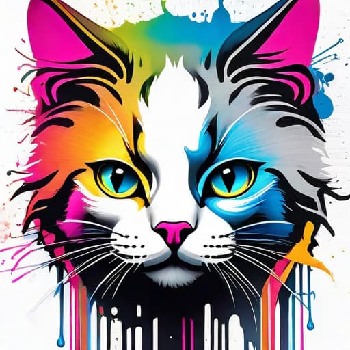  ((white background)),Banksy style, graffiti style Impactful composition, dripping neon heat splash paint (water color) across the shape of a ragdoll cat face, ((artistic)), bust shoot, high detail, vibrant, urban, detailed, tag, mural hyperrealistic, full body, detailed clothing, highly detailed, cinematic lighting, stunningly beautiful, intricate, sharp focus, f/1. 8, 85mm, (centered image composition), (professionally color graded), ((bright soft diffused light)), volumetric fog, trending on instagram, trending on tumblr, HDR 4K, 8K