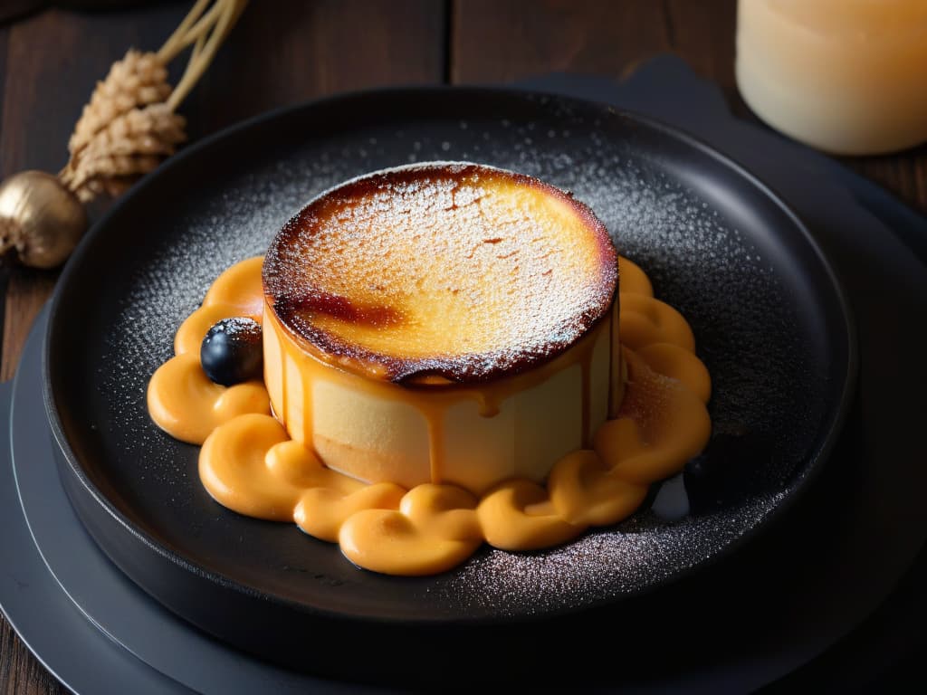  A closeup, ultradetailed photograph of a single delicate, perfectly caramelized crème brûlée resting on a sleek, matte black plate. The golden surface of the custard is flawlessly textured, with tiny bubbles barely visible, while the burnt sugar topping creates a mesmerizing mosaic of amber hues. The plate is elegantly framed by a soft, diffused light that gently highlights the intricate details of the dessert, casting subtle shadows that add depth to the composition. hyperrealistic, full body, detailed clothing, highly detailed, cinematic lighting, stunningly beautiful, intricate, sharp focus, f/1. 8, 85mm, (centered image composition), (professionally color graded), ((bright soft diffused light)), volumetric fog, trending on instagram, trending on tumblr, HDR 4K, 8K