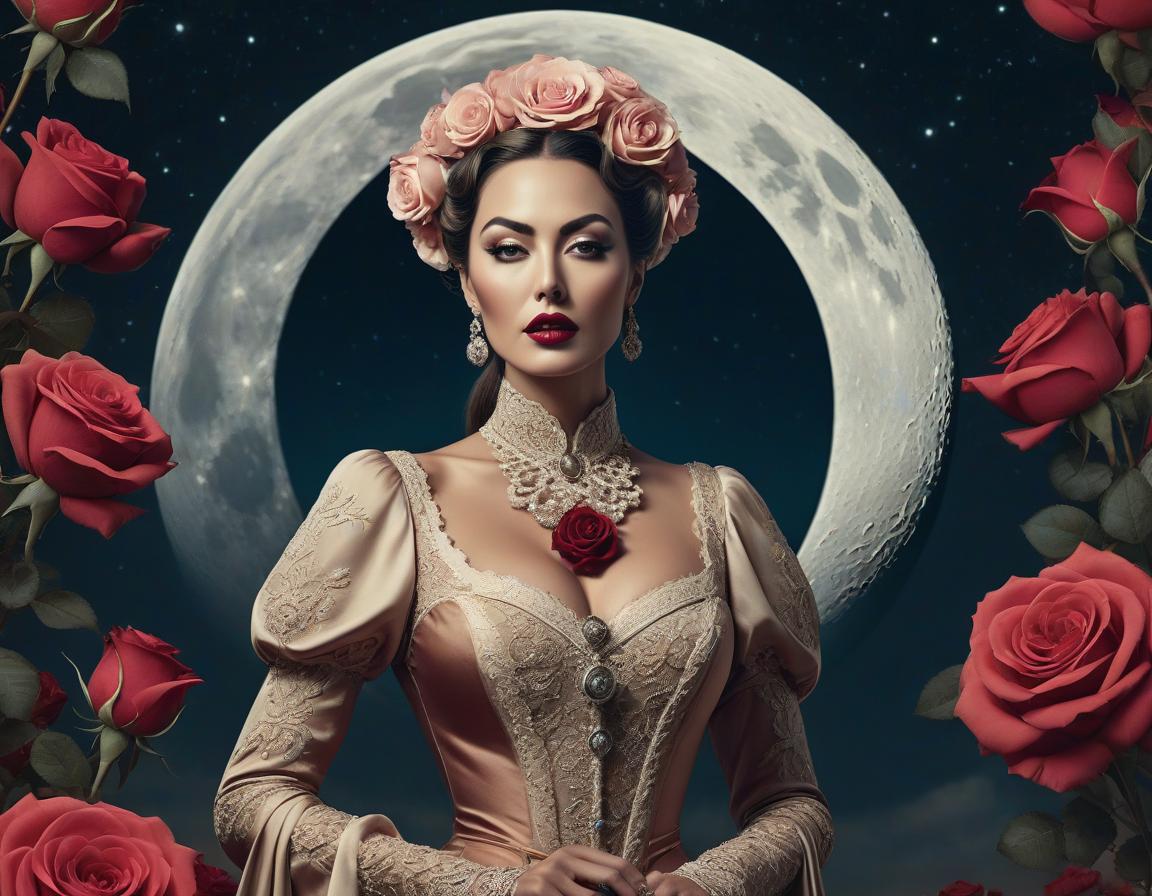  surrealist art An elaborate digital artwork of a woman in vintage attire with roses and a lunar backdrop. . dreamlike, mysterious, provocative, symbolic, intricate, detailed hyperrealistic, full body, detailed clothing, highly detailed, cinematic lighting, stunningly beautiful, intricate, sharp focus, f/1. 8, 85mm, (centered image composition), (professionally color graded), ((bright soft diffused light)), volumetric fog, trending on instagram, trending on tumblr, HDR 4K, 8K