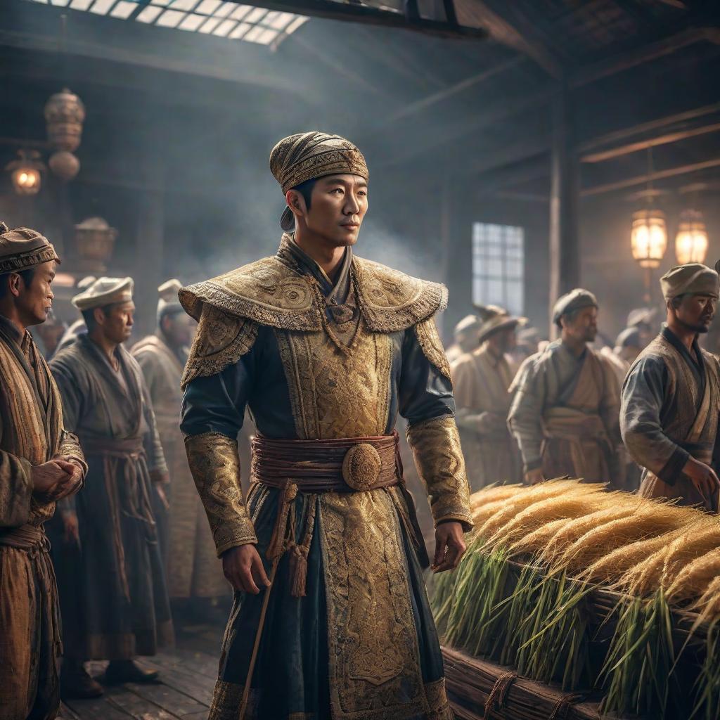  The Rice King hyperrealistic, full body, detailed clothing, highly detailed, cinematic lighting, stunningly beautiful, intricate, sharp focus, f/1. 8, 85mm, (centered image composition), (professionally color graded), ((bright soft diffused light)), volumetric fog, trending on instagram, trending on tumblr, HDR 4K, 8K