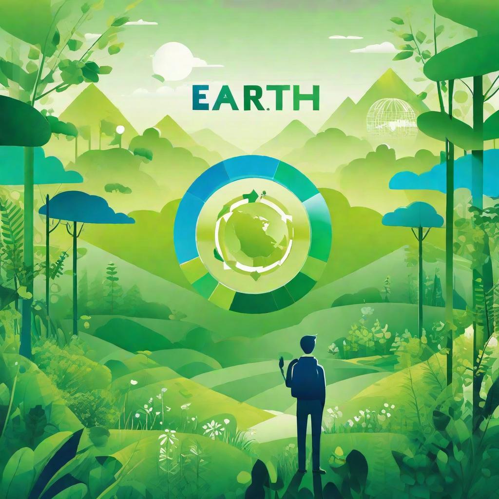  masterpiece, best quality,Background design: fresh green and blue gradient, representing harmony between nature and society. Core image design: a young man occupies the right half of the picture facing left, organizing an online environmental campaign through the network of Wopi. He uses smart devices to present his environmental projects, and the screen displays the slogan "cheer for the earth".