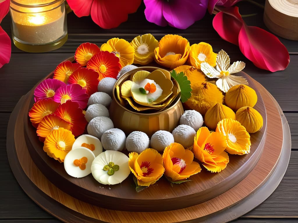  A highresolution, minimalist image showcasing an array of traditional Diwali sweets beautifully arranged on a rustic wooden platter. The sweets include colorful laddoos, intricate jalebis, golden pedas, and fragrant coconut barfis, all adorned with delicate silver foil and vibrant edible flowers. The image captures the essence of Diwali celebrations with its warm, inviting colors and exquisite presentation, perfectly complementing the theme of traditional dessert recipes for the festival. hyperrealistic, full body, detailed clothing, highly detailed, cinematic lighting, stunningly beautiful, intricate, sharp focus, f/1. 8, 85mm, (centered image composition), (professionally color graded), ((bright soft diffused light)), volumetric fog, trending on instagram, trending on tumblr, HDR 4K, 8K