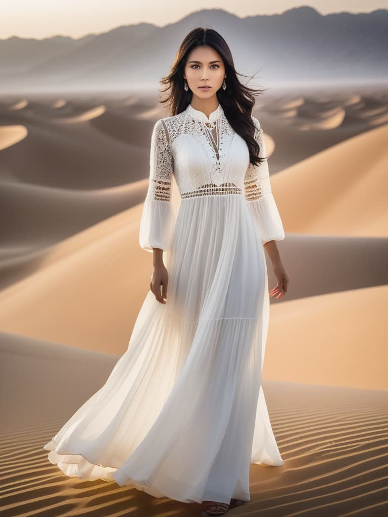  Half body portrait,Young Asian girl in Solid White Color Bohemian Lace Patchwork Casual Maxi Long Dress, standing in Desert,black hair, look at to camera, cinematic lighting, stunningly beautiful, intricate, sharp focus, f/1. 8, 85mm, (professionally color graded), ((bright soft diffused light)), volumetric fog, trending on instagram, trending on tumblr, HDR 4K, 8K hyperrealistic, full body, detailed clothing, highly detailed, cinematic lighting, stunningly beautiful, intricate, sharp focus, f/1. 8, 85mm, (centered image composition), (professionally color graded), ((bright soft diffused light)), volumetric fog, trending on instagram, trending on tumblr, HDR 4K, 8K