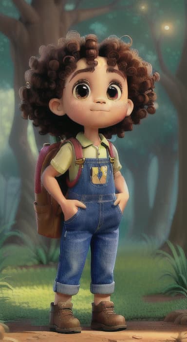  {The tree with a twinkling eye, while its leaves gently rustle., Riley, a curious with big brown eyes and curly hair, wearing overalls and carrying a small backpack. Their friend, Skye, a bluebird with shiny feathers.