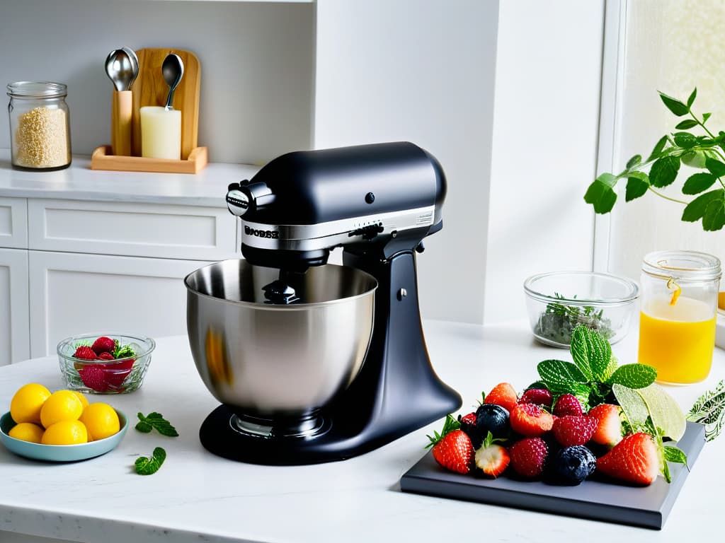  An ultradetailed image of a pristine white kitchen countertop, featuring a sleek and modern stand mixer in a matte black finish, surrounded by neatly arranged stainless steel measuring spoons, a stack of pastelhued recipe books, and a scattering of vibrant, fresh berries and herbs. The lighting is soft and natural, casting gentle shadows that highlight the textures of the ingredients and the clean lines of the appliances, creating a serene and inviting atmosphere perfect for sparking creativity in the art of baking. hyperrealistic, full body, detailed clothing, highly detailed, cinematic lighting, stunningly beautiful, intricate, sharp focus, f/1. 8, 85mm, (centered image composition), (professionally color graded), ((bright soft diffused light)), volumetric fog, trending on instagram, trending on tumblr, HDR 4K, 8K