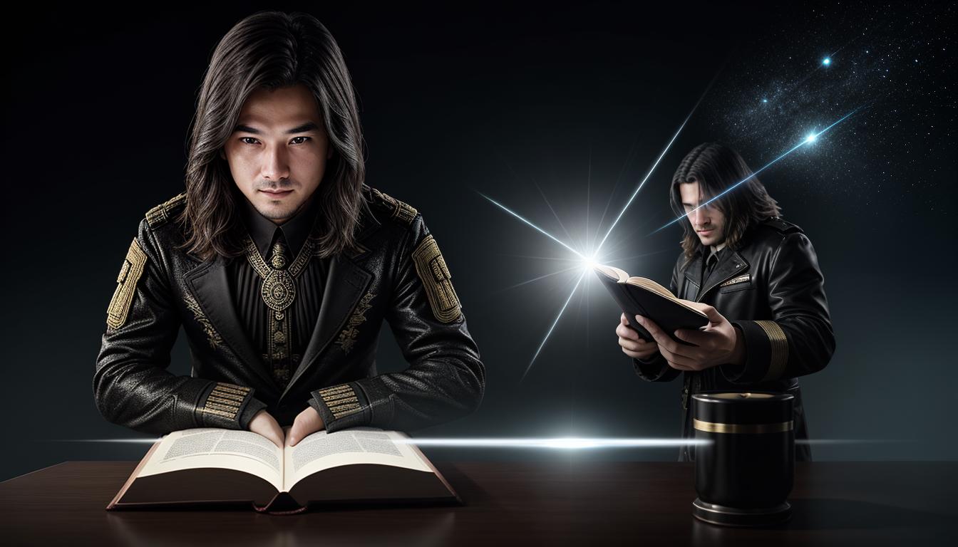  cinematic, aesthetic, Person with an open book, half strategic guide, half novel, blending intelligence and intuition, scholarly atmosphere, hint of wisdom, intricate design, intellectual environment, 4k, HDR, lens flare