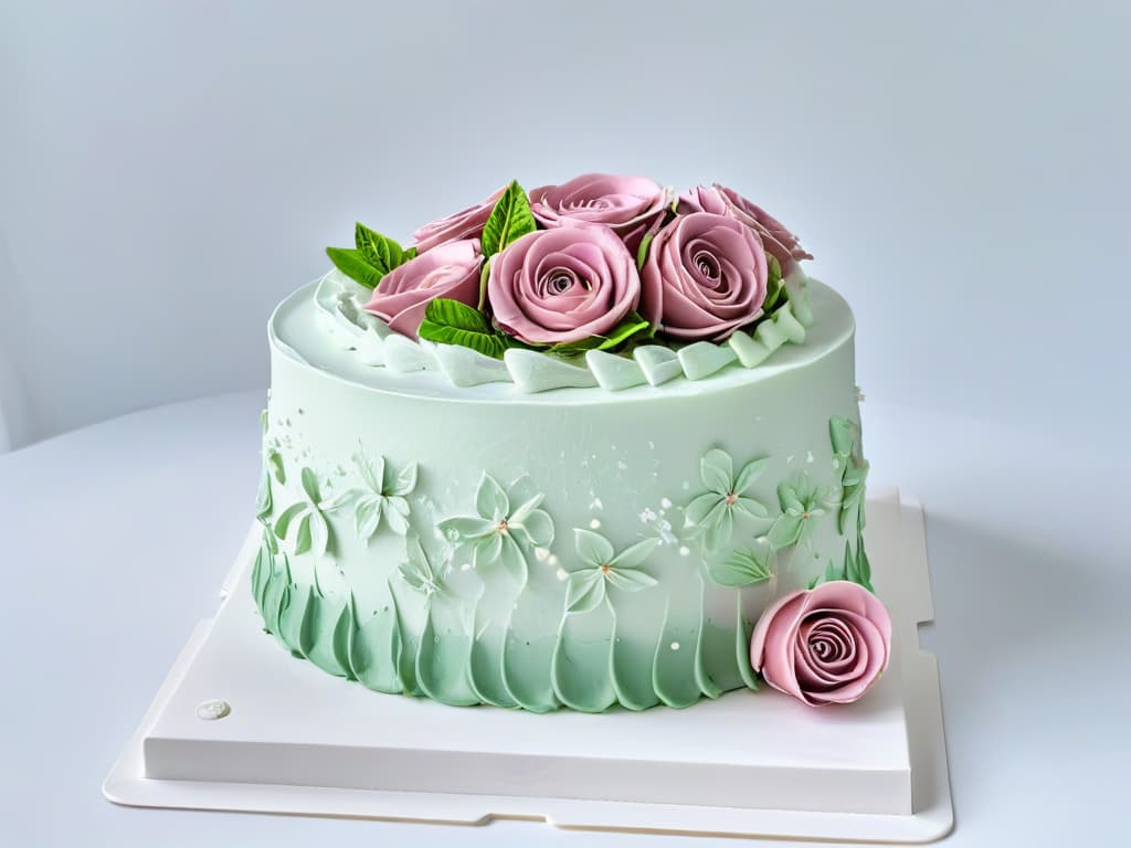  A closeup, ultradetailed image of a perfectly smooth, white fondant cake tier, flawlessly adorned with delicate, intricate royal icing piping in a symmetrical floral pattern. The piping is in shades of pastel pink, lavender, and mint green, creating a stunning visual contrast against the pristine white backdrop. Each swirl and petal is meticulously crafted, showcasing the skill and precision required for professional cake decorating. The overall composition exudes elegance and sophistication, serving as a captivating example of cake decoration mastery. hyperrealistic, full body, detailed clothing, highly detailed, cinematic lighting, stunningly beautiful, intricate, sharp focus, f/1. 8, 85mm, (centered image composition), (professionally color graded), ((bright soft diffused light)), volumetric fog, trending on instagram, trending on tumblr, HDR 4K, 8K