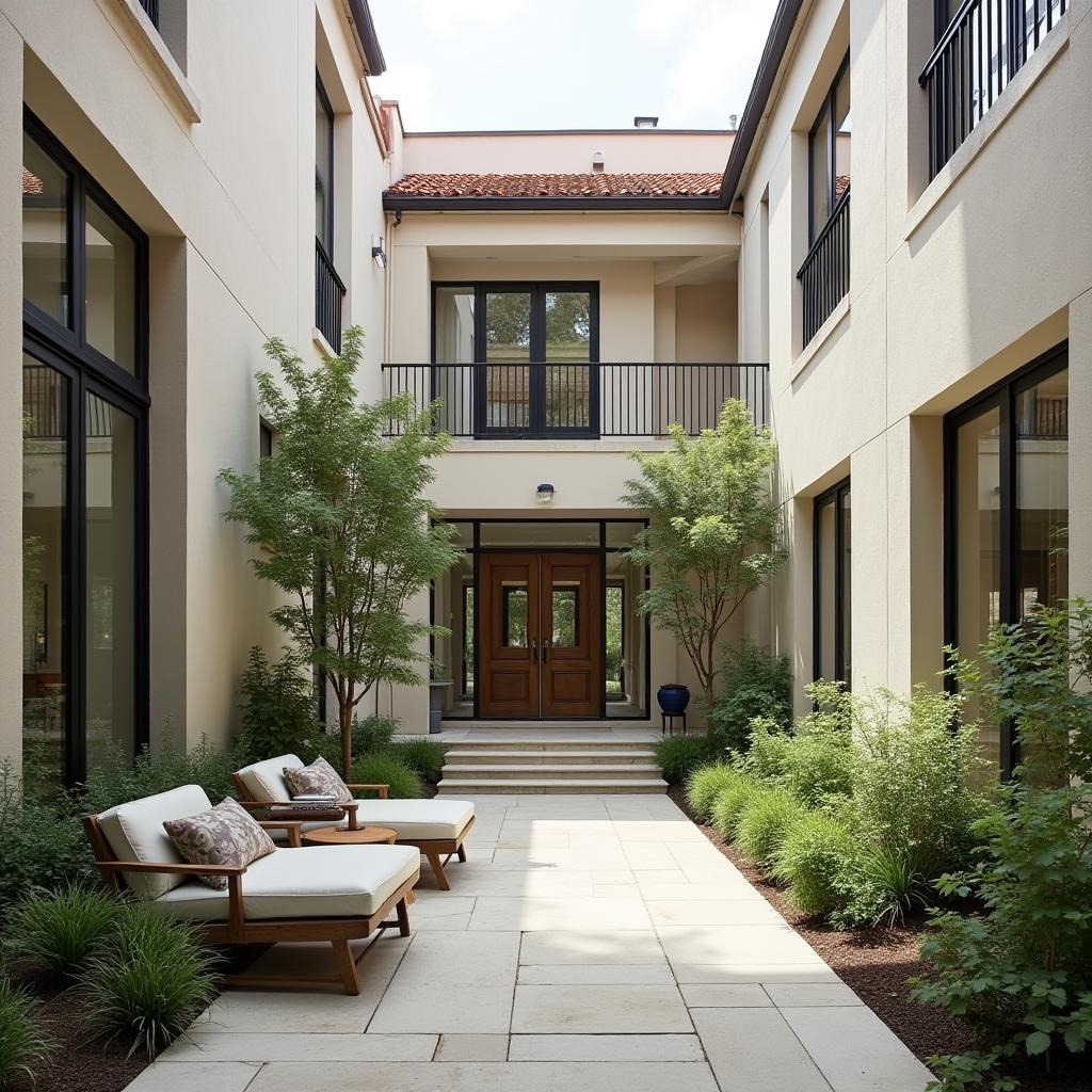  the project requires editorial photography capturing an enclosed courtyard, an outdoor space nestled within a building. this area is styled in the transitional design, which harmoniously blends traditional elements with contemporary clean lines and neutral colors. the focus is on creating visual content that emphasizes this unique combination of style and architecture.