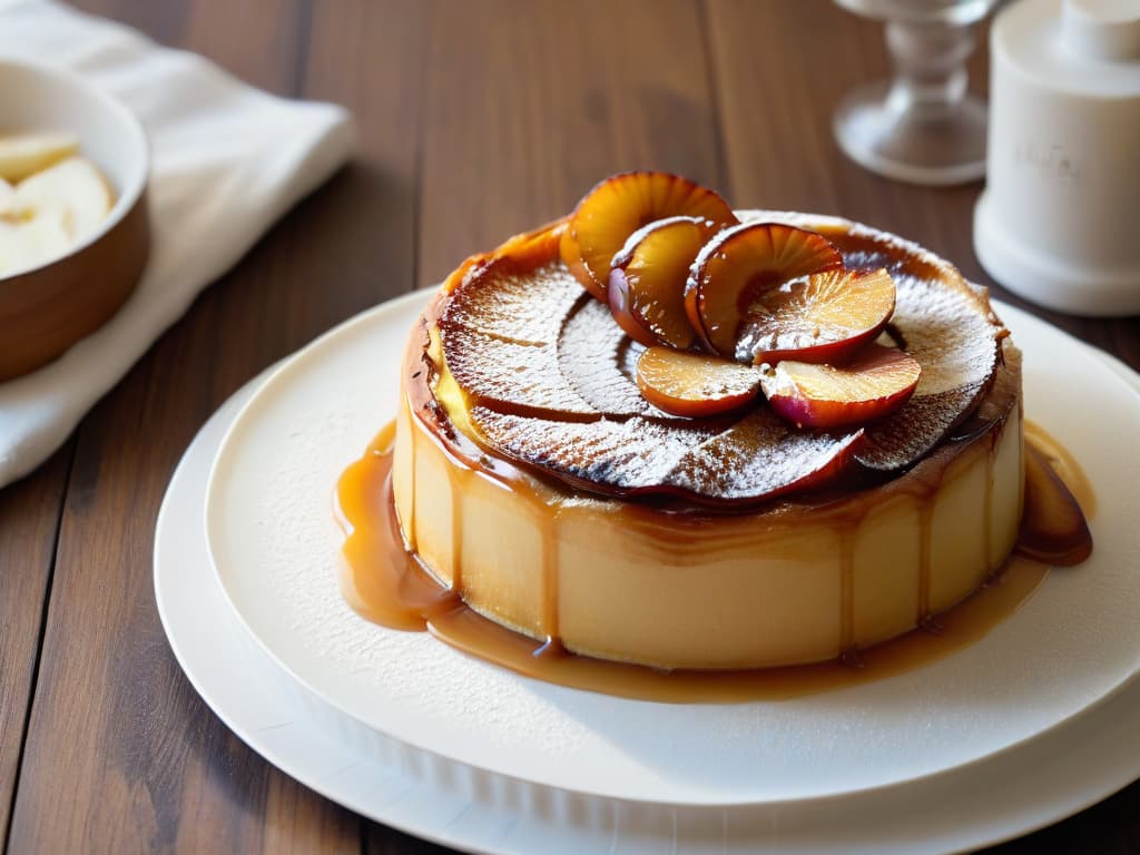  A highresolution, minimalist image of a goldenbrown Tarte Tatin freshly baked and inverted onto a white porcelain plate. The buttery caramelized apples glisten under a light drizzle of glossy caramel, with a hint of steam rising from the dessert, showcasing the flaky, golden pastry crust underneath. The plate sits on a sleek, modern wooden table, with a soft, diffused light illuminating the scene, highlighting the textures and colors of the dessert. hyperrealistic, full body, detailed clothing, highly detailed, cinematic lighting, stunningly beautiful, intricate, sharp focus, f/1. 8, 85mm, (centered image composition), (professionally color graded), ((bright soft diffused light)), volumetric fog, trending on instagram, trending on tumblr, HDR 4K, 8K