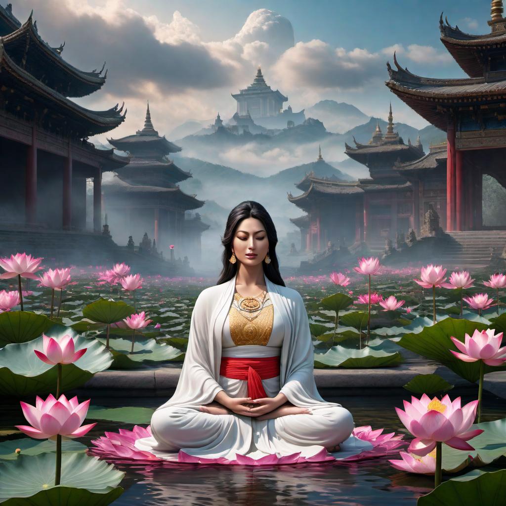  A serene and thoughtful visualization of the concept of karma. Depict an individual in meditation, surrounded by symbols representing different actions and their effects. In the background, showcase a cyclical flow of life, death, and rebirth (samsara) with vibrant, interconnected elements like the lotus flower, ancient temples, and the cosmic sky. The atmosphere should be calming, reflective, and spiritual. hyperrealistic, full body, detailed clothing, highly detailed, cinematic lighting, stunningly beautiful, intricate, sharp focus, f/1. 8, 85mm, (centered image composition), (professionally color graded), ((bright soft diffused light)), volumetric fog, trending on instagram, trending on tumblr, HDR 4K, 8K