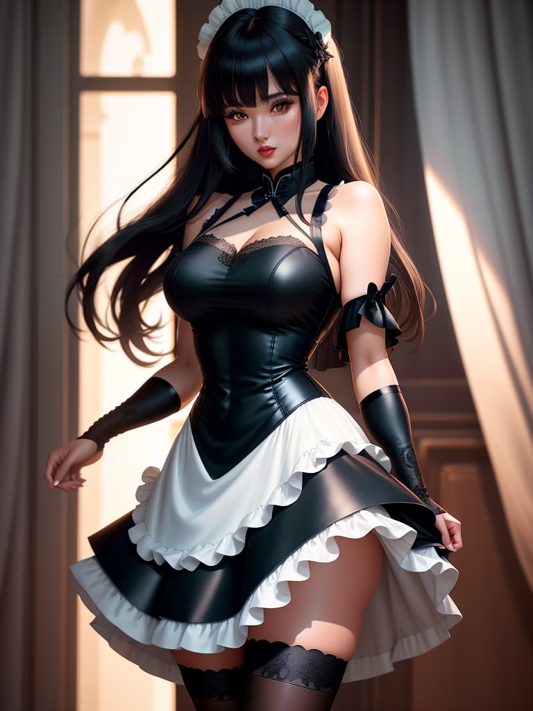  An cute and anime wearing blue china dress, black mid length hair with bangs, bare shoulders, bare arms, exudes feminine charm, greeny eyes with attractive lashes, full subtle mauve lipstick, large s covered by curved fit dress, blush, expression on face Dress:Maid attire, black choker, sleeveless white apron dress with ruffle trims over a black long sleeved undershirt, white thigh high stockings with lace detailing, black leather shoes. hyperrealistic, full body, detailed clothing, highly detailed, cinematic lighting, stunningly beautiful, intricate, sharp focus, f/1. 8, 85mm, (centered image composition), (professionally color graded), ((bright soft diffused light)), volumetric fog, trending on instagram, trending on tumblr, HDR 4K, 8K