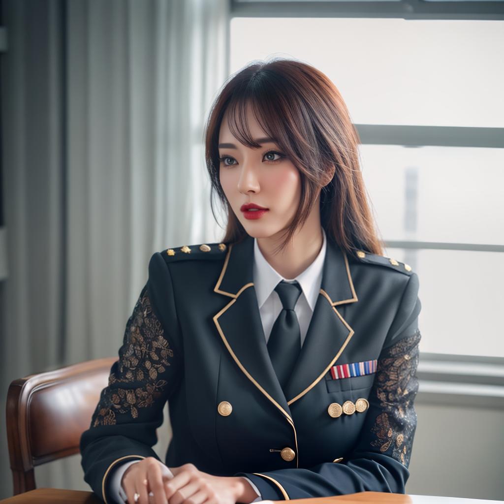  ,, uniform,Sitting with Up on desk,  hyperrealistic, full body, detailed clothing, highly detailed, cinematic lighting, stunningly beautiful, intricate, sharp focus, f/1. 8, 85mm, (centered image composition), (professionally color graded), ((bright soft diffused light)), volumetric fog, trending on instagram, trending on tumblr, HDR 4K, 8K