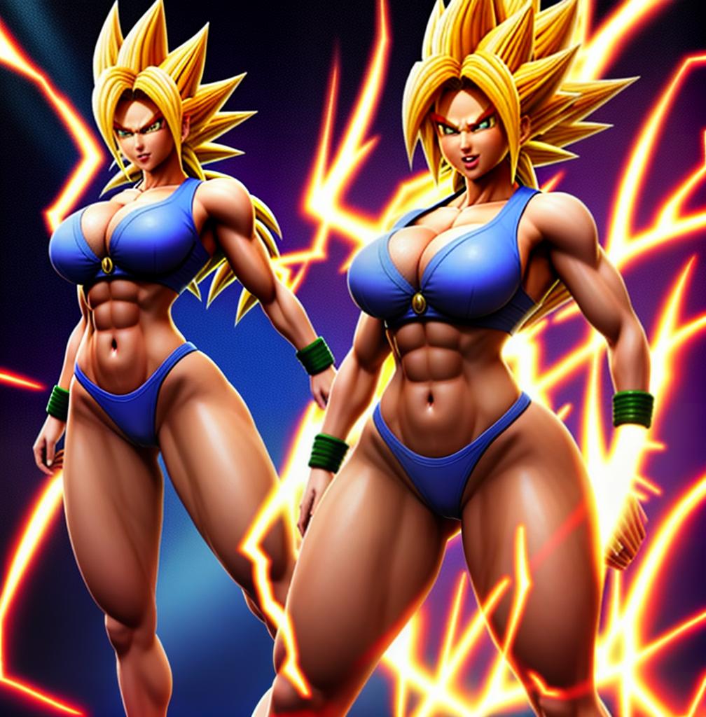  ((foto de cuerpo completo, pie plano, cuerpo recto)), ((laura {Super Super Saiyan mujer con grandes pechos})), ((lleva puesto son goku+Los disfraces de ella son extremadamente ajustados a su cuerpo.))