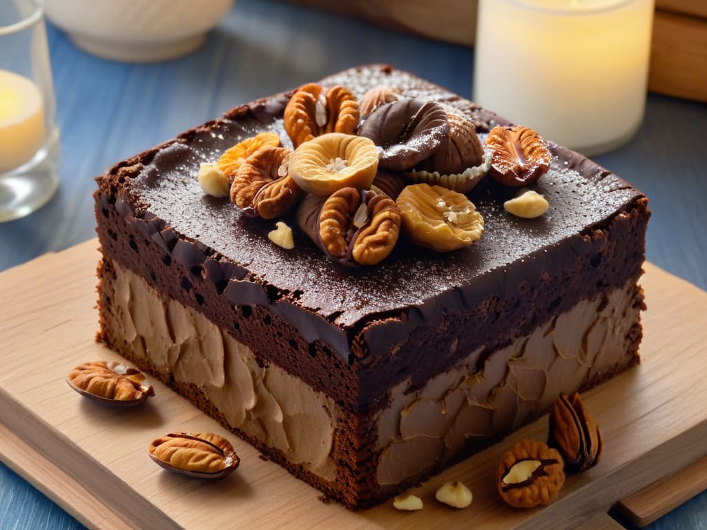  A closeup, photorealistic image of a decadent chocolate walnut brownie, with a glossy sheen on the surface, adorned with crushed activated walnuts sprinkled on top, set on a rustic wooden table. The brownie is cut into a perfect square, showcasing a fudgy texture with visible chunks of walnuts, emitting a rich, chocolatey aroma that entices the viewer. The lighting highlights the intricate details of the dessert, capturing the essence of indulgence and sophistication, perfectly complementing the theme of elevated nutritional desserts with activated nuts. hyperrealistic, full body, detailed clothing, highly detailed, cinematic lighting, stunningly beautiful, intricate, sharp focus, f/1. 8, 85mm, (centered image composition), (professionally color graded), ((bright soft diffused light)), volumetric fog, trending on instagram, trending on tumblr, HDR 4K, 8K