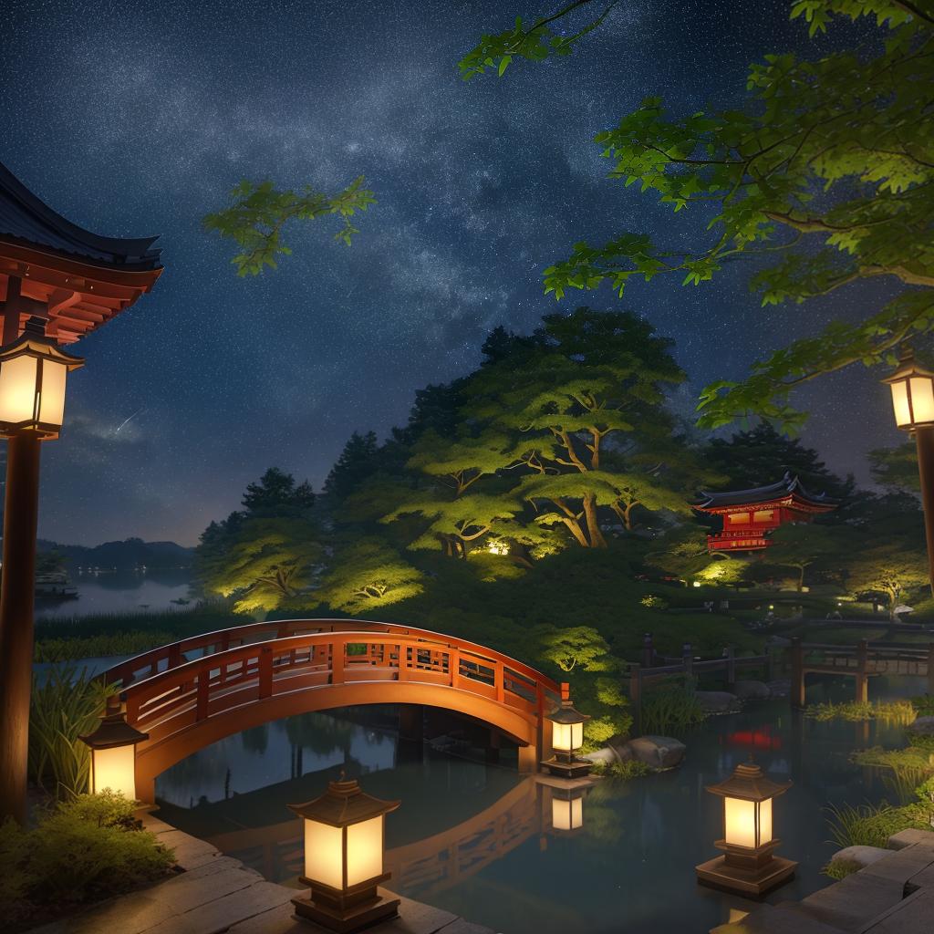  masterpiece, best quality, (Fidelity: 1.4), Best Quality, Masterpiece, Ultra High Resolution, 8k resolution, A night view inspired by Japanese art, featuring a garden illuminated by paper lanterns and a wooden bridge spanning a tranquil lake, by the lakeside, there is a small Zen temple. The water reflects the starry sky.