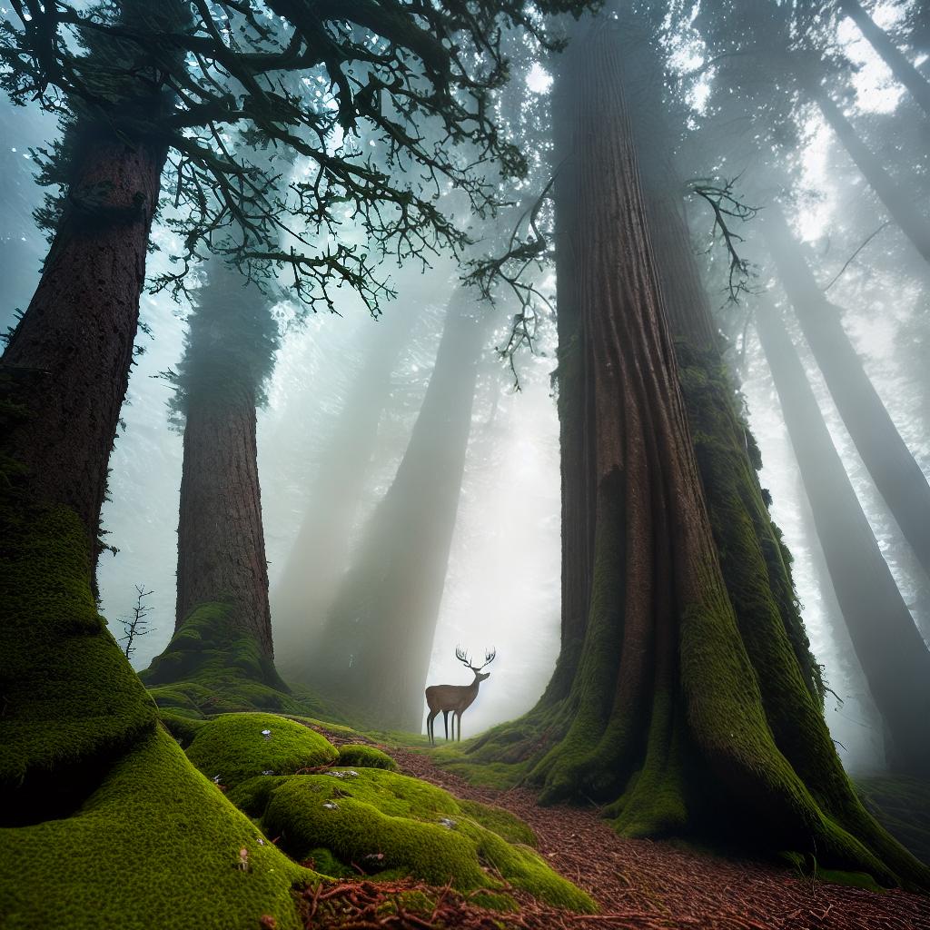  A mesmerizing forest scene captured in (((best quality))) and ultra-detailed 8k resolution, presenting a true (((masterpiece))) of nature's beauty. The (thick fog) blankets the ancient forest, adding an ethereal atmosphere. Towering (redwood trees) stretch towards the sky, their branches intertwined to form a natural canopy. Sunlight filters through the dense foliage, creating a breathtaking interplay of light and shadow. A (lonely deer) gracefully navigates through the undergrowth, while a family of (squirrels) playfully chase each other on the moss-covered branches. The forest floor is adorned with (delicate ferns) and (wild mushrooms) of vibrant colors. This scene is perfect for fans of the naturalist style and would make a stunning addi hyperrealistic, full body, detailed clothing, highly detailed, cinematic lighting, stunningly beautiful, intricate, sharp focus, f/1. 8, 85mm, (centered image composition), (professionally color graded), ((bright soft diffused light)), volumetric fog, trending on instagram, trending on tumblr, HDR 4K, 8K