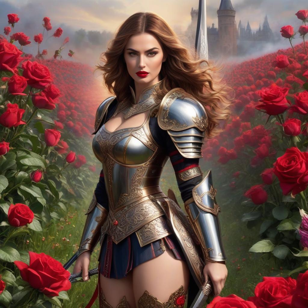  The with the brown hair. Тhe dress, the purse, the brown eyes. Shorts, , red lips. A in armor. Fire. The rigor of the lines. Power. The sword gives off electric shocks. Highly detailed, highly detailed, highly detailed image and all details. ((Sparkling rim)): spring field, hyacinths, roses, rosehips, rose hips, peonies, cherry tree, yellow, red, black flowers, forget me nots. Nature in the background, spring, delight. Luxury, richness. High quality. Swarovski, pandora. The Emerald Palace, the towers. Holobue sky. Golden spires, Gothic style. Fantasy, fairy tale. Poppy field in front of palace. Emerald stones, Green Alley.Luxury, wealth. spring field, hyacinths, roses, rosehips, rose hips, peonies, cherry tree, yellow, red hyperrealistic, full body, detailed clothing, highly detailed, cinematic lighting, stunningly beautiful, intricate, sharp focus, f/1. 8, 85mm, (centered image composition), (professionally color graded), ((bright soft diffused light)), volumetric fog, trending on instagram, trending on tumblr, HDR 4K, 8K