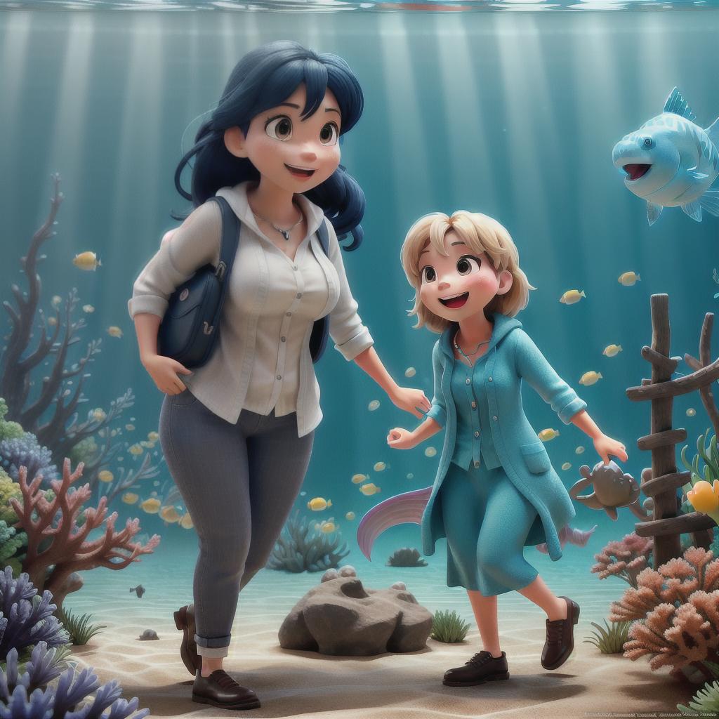  "An excited child and her mother arriving on an island teeming with a variety of gentle, friendly animals and commencing a mysterious underwater journey, with the child expressing an open-mouthed expression of awe." hyperrealistic, full body, detailed clothing, highly detailed, cinematic lighting, stunningly beautiful, intricate, sharp focus, f/1. 8, 85mm, (centered image composition), (professionally color graded), ((bright soft diffused light)), volumetric fog, trending on instagram, trending on tumblr, HDR 4K, 8K