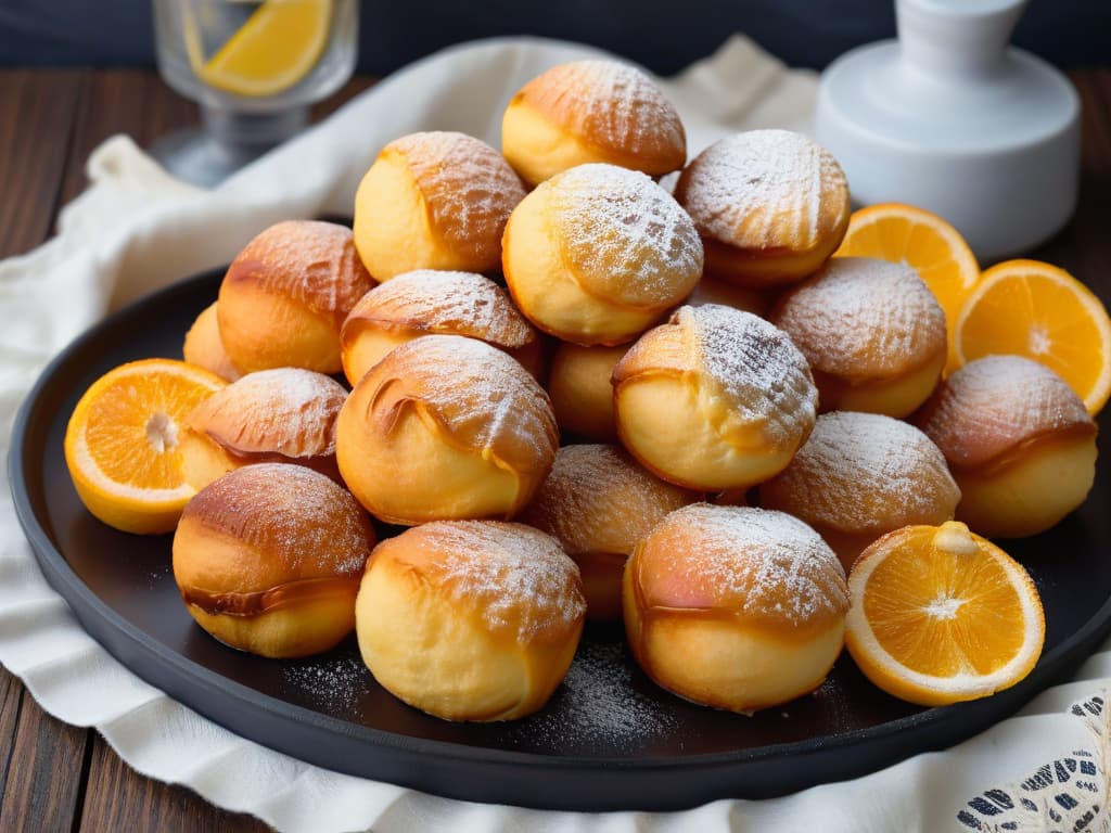  A closeup, ultradetailed image of a beautifully intricate Nigerian dessert called "Puff Puff". The goldenbrown, perfectly round fried dough balls are glistening with syrup, showcasing their fluffy texture and deliciousness. The background is a simple, dark surface that enhances the dessert's appearance, making it the focal point of the image. hyperrealistic, full body, detailed clothing, highly detailed, cinematic lighting, stunningly beautiful, intricate, sharp focus, f/1. 8, 85mm, (centered image composition), (professionally color graded), ((bright soft diffused light)), volumetric fog, trending on instagram, trending on tumblr, HDR 4K, 8K