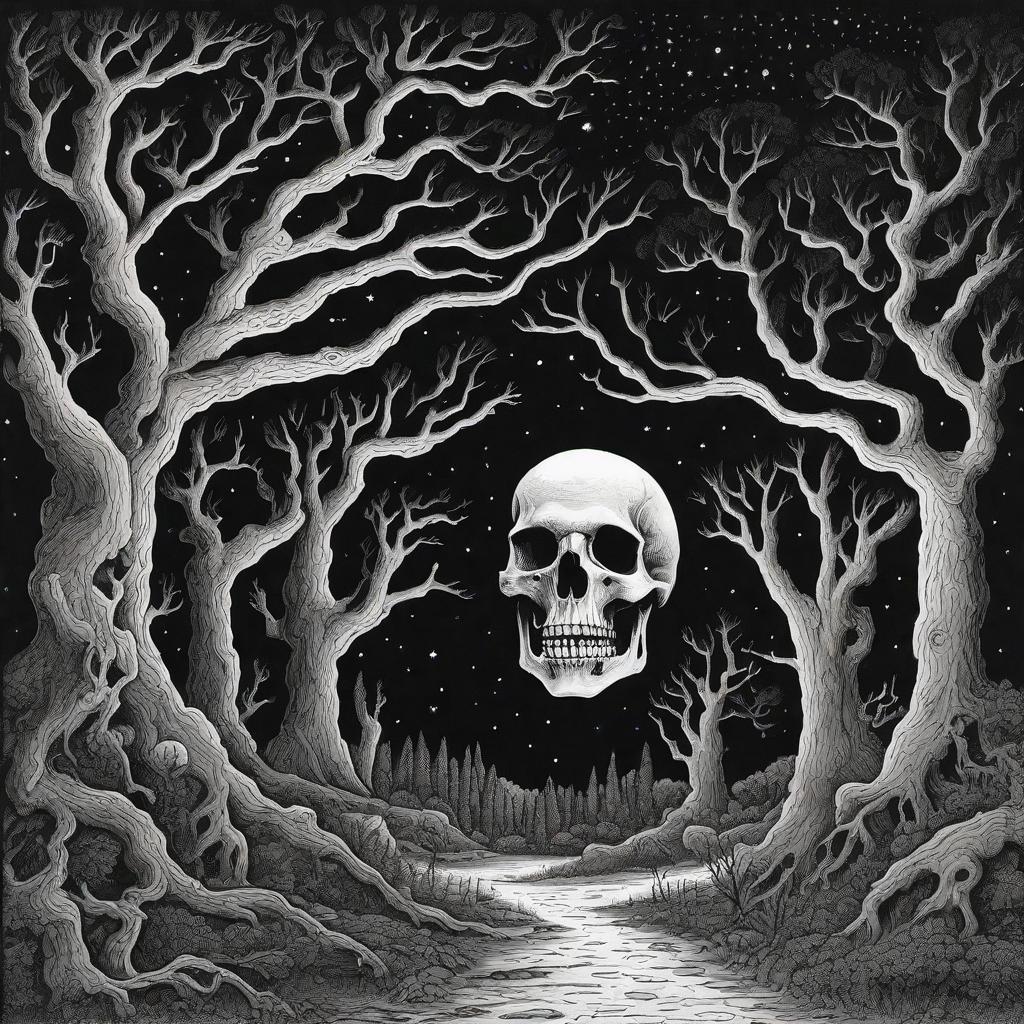  masterpiece, best quality, A haunting image of a dense forest at night, where the trunks and branches of the trees intertwine to form the shape of a colossal skull against the backdrop of the starry night sky. The atmosphere is mysterious and eerie, with a sense of foreboding. The style is dark and atmospheric, with deep shadows and a touch of surrealism. The realization is reminiscent of a vintage film style, with deep blacks and rich tonal range, using Kodak Tri-X 400 film.