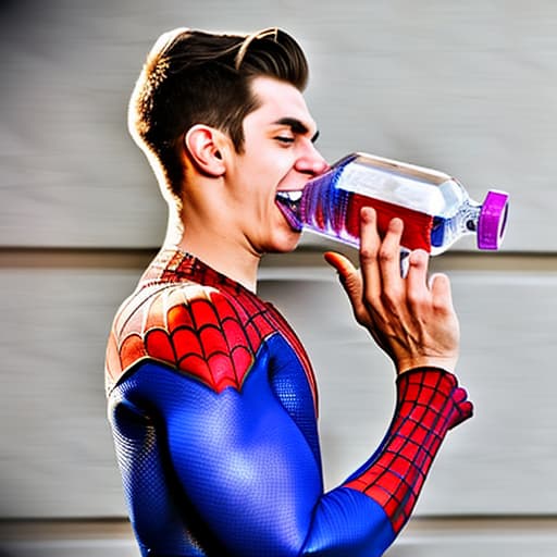  spider man drinking bottle of water in his mouth