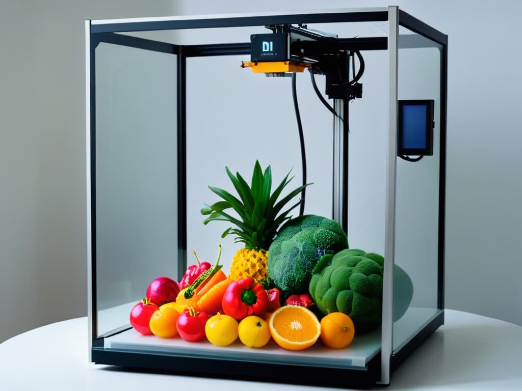  An ultradetailed image of a sleek, modern 3D printer extruding a vibrant and intricate design using edible filament made from colorful layers of fruits and vegetables, showcasing the fusion of technology and nature in a mesmerizing display of precision and innovation. hyperrealistic, full body, detailed clothing, highly detailed, cinematic lighting, stunningly beautiful, intricate, sharp focus, f/1. 8, 85mm, (centered image composition), (professionally color graded), ((bright soft diffused light)), volumetric fog, trending on instagram, trending on tumblr, HDR 4K, 8K