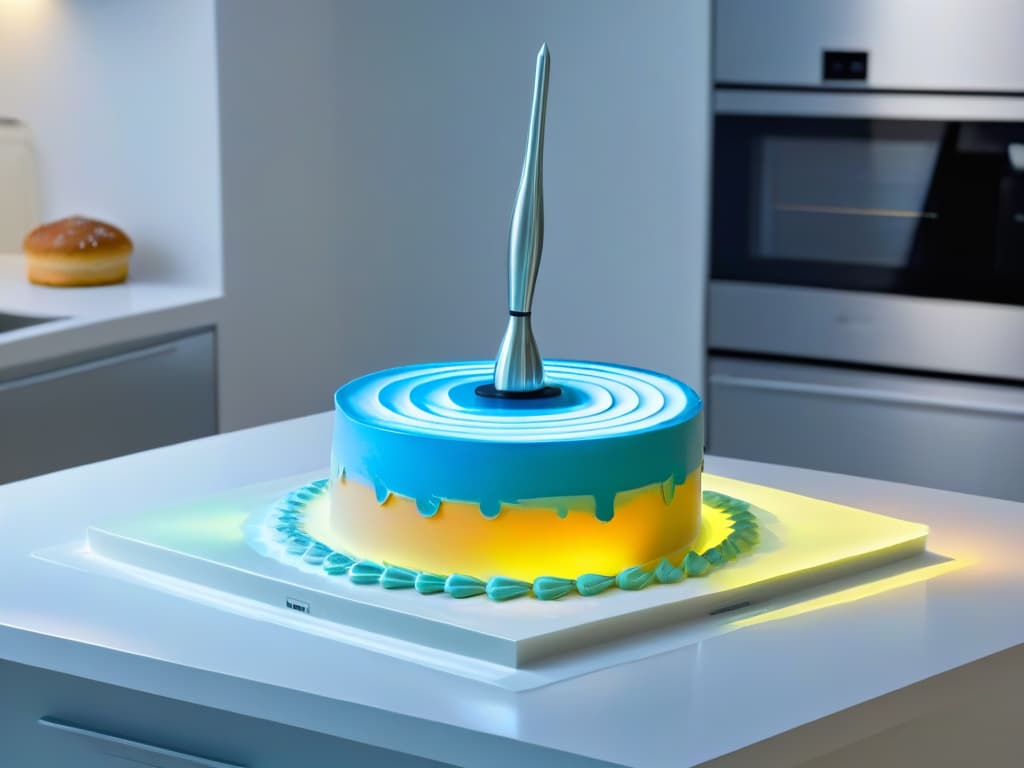  An ultradetailed and minimalist image of a sleek, futuristic kitchen countertop with holographic AR baking tools floating above it, casting soft, colorful glows onto the immaculate surface. A sophisticated AR headset rests on the counter, hinting at the seamless integration of technology into the art of pastry making. The ambiance is serene and aspirational, embodying a perfect blend of tradition and innovation in the realm of augmented reality baking. hyperrealistic, full body, detailed clothing, highly detailed, cinematic lighting, stunningly beautiful, intricate, sharp focus, f/1. 8, 85mm, (centered image composition), (professionally color graded), ((bright soft diffused light)), volumetric fog, trending on instagram, trending on tumblr, HDR 4K, 8K