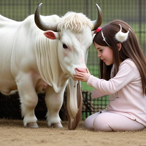  A long haired with horns white cow watching a little brown haired girl playing with her puppy