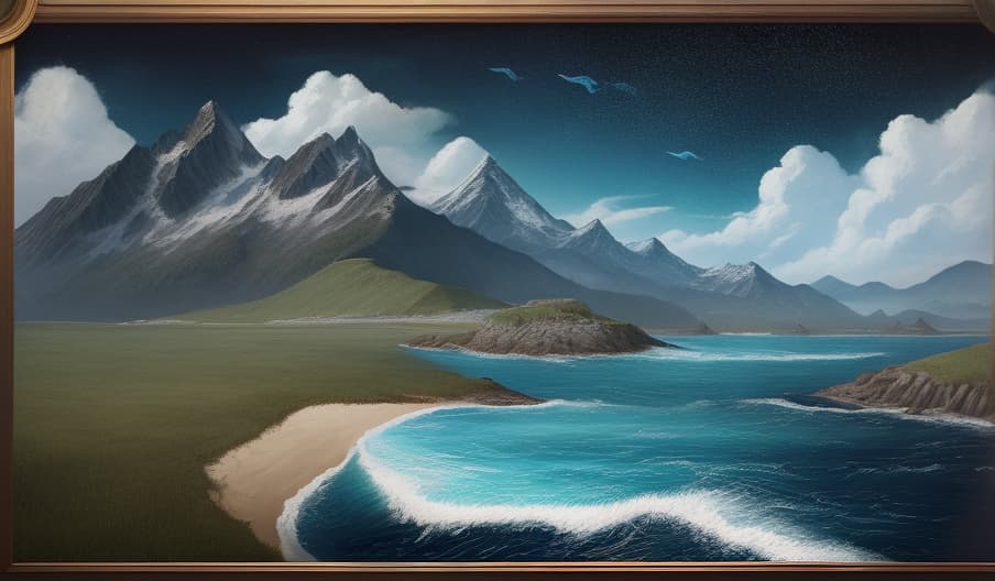  masterpiece, best quality, a map of the sky, earth and sea, please redraw the reference map, leaving only the ocean, land, mountains, sky and clouds in the picture