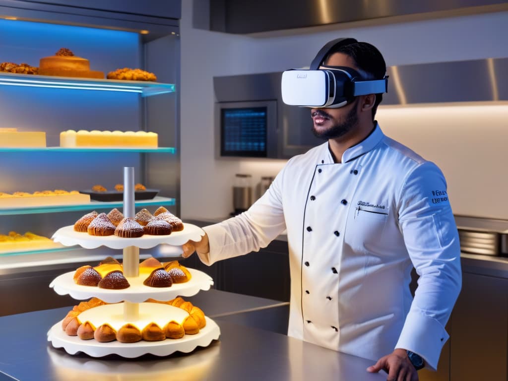  A photorealistic image of a professional pastry chef wearing a virtual reality headset, standing in a modern kitchen filled with futuristic baking equipment. The chef is surrounded by holographic displays of intricate dessert recipes and virtual ingredients floating in the air, creating a seamless blend of traditional baking techniques with cuttingedge virtual reality technology. hyperrealistic, full body, detailed clothing, highly detailed, cinematic lighting, stunningly beautiful, intricate, sharp focus, f/1. 8, 85mm, (centered image composition), (professionally color graded), ((bright soft diffused light)), volumetric fog, trending on instagram, trending on tumblr, HDR 4K, 8K